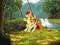 Size: 2500x1875 | Tagged: safe, artist:angryberry, bright mac, pear butter, pony, the perfect pear, animal, brightbutter, couple, cute, female, forest, male, mountain, river, shipping, straight, stream, swing, tree