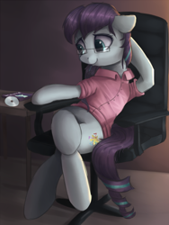 Size: 750x1000 | Tagged: safe, artist:vanillaghosties, coloratura, earth pony, pony, album, atg 2017, chair, clothes, female, glasses, mare, newbie artist training grounds, shirt, sitting, smiling, solo