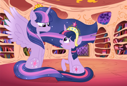 Size: 4392x2992 | Tagged: safe, artist:velveagicsentryyt, twilight sparkle, twilight sparkle (alicorn), unicorn twilight, alicorn, pony, unicorn, big crown thingy, element of magic, ethereal mane, female, future future twilight, golden oaks library, high res, jewelry, mare, older, older twilight, raised hoof, regalia, self ponidox, sitting, this will end in timeline distortion, ultimate twilight