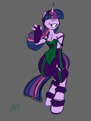 Size: 960x1280 | Tagged: safe, artist:bastianmage, twilight sparkle, anthro, unguligrade anthro, bangs, belt, bracer, clothes, evil twilight, eyebrows, female, grin, hair over eyes, mirror universe, off shoulder, pointy horn, simple background, smiling, solo, teeth, waving