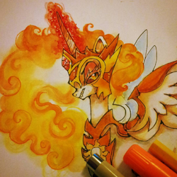 Size: 1080x1079 | Tagged: safe, artist:njeekyo, daybreaker, alicorn, armor, fangs, female, fire, magic, mane of fire, mare, marker, marker drawing, smiling, smirk, solo, traditional art