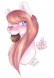 Size: 699x1016 | Tagged: safe, artist:angelic-shield, derpibooru exclusive, oc, oc only, oc:angelic shield, pegasus, pony, blushing, bust, cookie, female, food, mare, simple background, solo, transparent background