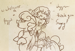 Size: 2542x1732 | Tagged: safe, artist:saby, derpibooru exclusive, oc, oc only, oc:chestnut cream, oc:dinky twink, earth pony, pony, apron, bipedal, choker, clothes, crossdressing, crossed arms, curly hair, dialogue, duo, eyes closed, femboy, frown, hug, lineart, lined paper, maid, male, mob cap, monochrome, open mouth, paint tool sai, pencil drawing, pinned ears, reaction, sketch, smiling, sweat, sweatdrops, text, traditional art, trap, tsundere, vulgar