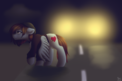 Size: 3000x2000 | Tagged: safe, artist:spirit-dude, oc, oc only, oc:spirit rose, pegasus, pony, beanie, car, clothes, female, hat, headlights, hoodie, mare, night, road, sad, solo, street, wings