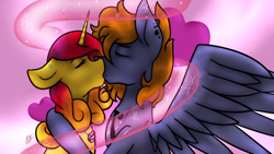 Size: 600x338 | Tagged: safe, artist:blacksky1113, oc, oc only, oc:charred smoke, oc:golden rose (ice1517), pegasus, pony, unicorn, couple, duo, ear piercing, earring, eyes closed, female, french kiss, hug, jewelry, kissing, lesbian, mare, necklace, piercing, tattoo