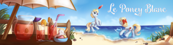 Size: 2250x585 | Tagged: safe, artist:divlight, oc, oc only, oc:brave, oc:ruban, earth pony, pony, beach, beach umbrella, food, frisbee, ice cream, le poney blanc