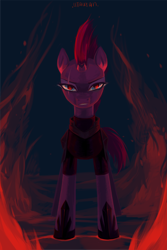 Size: 2376x3547 | Tagged: safe, artist:utauyan, tempest shadow, pony, unicorn, my little pony: the movie, armor, broken horn, eye scar, female, fire, looking at you, mare, scar, solo