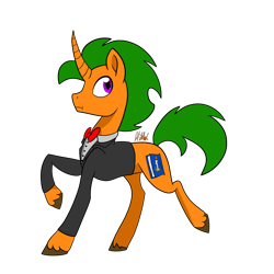 Size: 2000x2000 | Tagged: safe, artist:chelseawest, oc, oc only, oc:bookworm, pony, unicorn, clothes, curved horn, high res, male, raised hoof, solo, stallion, suit, unshorn fetlocks