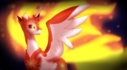 Size: 2927x1610 | Tagged: safe, artist:not-ordinary-pony, daybreaker, alicorn, pony, a royal problem, evil, female, glowing eyes, helmet, looking back, mare, solo, spread wings, wings