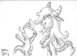 Size: 2324x1700 | Tagged: safe, artist:chiptunebrony, mina, spike, dragon, black and white, cursive writing, cute, date, female, grayscale, happy, implied hugging, inked, male, minabetes, monochrome, open arms, open mouth, shading, shipping, signature, smiling, spikabetes, spina, straight, traditional art