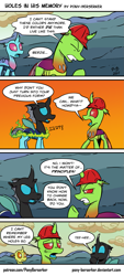 Size: 975x2160 | Tagged: safe, artist:pony-berserker, oc, oc only, oc:berzie, oc:dopple, changedling, changeling, changedling oc, changeling oc, comic, embarrassed, hard hat, i can't believe it's not idw, shapeshifting