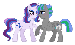 Size: 1023x612 | Tagged: safe, artist:cascayd, oc, oc only, oc:radiant jewel, oc:storm strike, pegasus, pony, unicorn, female, lesbian, offspring, offspring shipping, one eye closed, parent:blossomforth, parent:fancypants, parent:rarity, parent:thunderlane, parents:blossomlane, parents:raripants, shipping