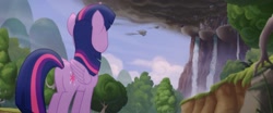 Size: 1920x800 | Tagged: safe, screencap, twilight sparkle, twilight sparkle (alicorn), alicorn, pony, my little pony: the movie, airship, butt, canterlot, canterlot castle, cloud, dark cloud, female, invasion, mare, plot, sad, smoke, solo, storm king's ship, waterfall