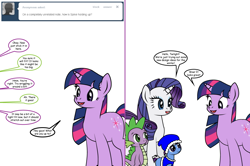 Size: 1204x800 | Tagged: safe, artist:dekomaru, rarity, spike, twilight sparkle, oc, oc:nebula, dragon, pony, unicorn, ask, bait and switch, clothes, magical lesbian spawn, offspring, parent:trixie, parent:twilight sparkle, parents:twixie, tumblr, tumblr:ask twixie, vulgar