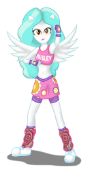 Size: 1950x3600 | Tagged: safe, artist:deannaphantom13, paisley, equestria girls, armpits, belly button, clothes, exeron fighters, exeron gloves, female, fingerless gloves, gloves, looking at you, midriff, ponied up, serious, serious face, simple background, skirt, solo, sports bra, spread wings, transparent background, wings