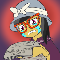 Size: 1000x1000 | Tagged: safe, artist:empyu, a.k. yearling, daring do, pony, daring done?, 30 minute art challenge, crying, female, glasses, gradient background, hat, mare, newspaper, solo