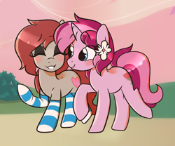 Size: 3000x2500 | Tagged: safe, artist:mimisaurusrex, oc, oc only, oc:ponepony, oc:rosebud, pony, clothes, cute, eyeshadow, flower, flower in hair, happy, makeup, socks, striped socks