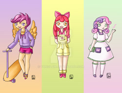 Size: 900x689 | Tagged: safe, artist:yunsildin, apple bloom, scootaloo, sweetie belle, human, apple bloom's bow, book, bow, clothes, dress, hair bow, horned humanization, humanized, jacket, overalls, pants, scooter, shirt, sweater, watermark, winged humanization