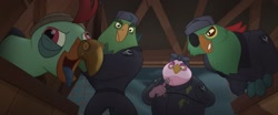 Size: 1920x800 | Tagged: safe, screencap, boyle, lix spittle, mullet (character), murdock, my little pony: the movie, cap, clothes, eyepatch, fork, hat, open mouth, parrot pirates, pirate, prosthetic beak, storm king's messenger outfit, tongue out