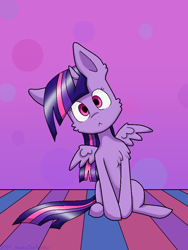 Size: 750x1000 | Tagged: safe, artist:hoodiethepainter, twilight sparkle, twilight sparkle (alicorn), alicorn, pony, chibi, female, head tilt, looking at you, mare, sitting, solo, spread wings, wings