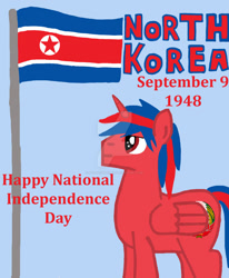 Size: 1024x1240 | Tagged: safe, artist:moonlighttheif, oc, alicorn, pony, flag, independence day, nation ponies, national day, north korea, north korean national independence day, ponified, simple background, solo, watermark