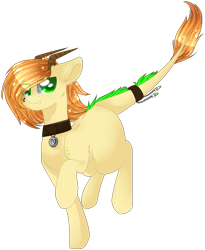 Size: 2069x2520 | Tagged: safe, artist:little-sketches, oc, oc only, oc:polonium, element pony, object pony, original species, pony, :t, collar, colored pupils, eye clipping through hair, high res, horns, male, ponified, radioactive, raised hoof, simple background, solo, stallion, transparent background