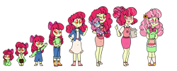 Size: 1600x640 | Tagged: safe, artist:carouselunique, apple bloom, oc, oc:pacific rose, equestria girls, 5-year-old, adult, age progression, baby, chart, elderly, female, freshman, future, magical lesbian spawn, mother and child, mother and daughter, offspring, older, parent and child, parent:apple bloom, parent:diamond tiara, parents:diamondbloom, past, simple background, teenager, transparent background, younger