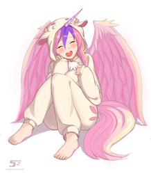 Size: 2165x2486 | Tagged: safe, artist:spiz1206, oc, oc only, oc:princess iris, alicorn, human, alicorn oc, blushing, clothes, costume, cute, feet, female, horned humanization, humanized, humanized oc, kigurumi, ocbetes, solo, tailed humanization, winged humanization, wings