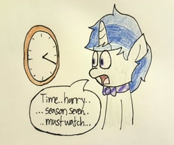 Size: 1024x857 | Tagged: safe, artist:techreel, oc, oc only, pony, unicorn, season 7, bowtie, clock, hype, solo, text, waiting