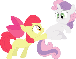 Size: 3586x2806 | Tagged: safe, artist:porygon2z, apple bloom, sweetie belle, boop, butt boop, butt touch, eye contact, female, frown, hoof on butt, lesbian, looking at each other, molestation, raised hoof, shipping, simple background, sitting, smiling, sweetiebloom, touch, transparent background, vector, wide eyes
