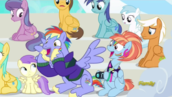 Size: 1920x1080 | Tagged: safe, screencap, alula, blue october, blueberry muffin, bow hothoof, caramel, cotton cloudy, emerald green, green gem, sunshower raindrops, windy whistles, pony, parental glideance, 80s windy whistles, camera, discovery family logo, rainbow dash's parents, windyhoof