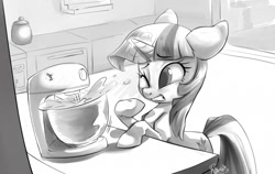 Size: 1280x807 | Tagged: safe, artist:php27, twilight sparkle, pony, unicorn, baking, batter, cute, female, floppy ears, food, frown, glowing horn, gritted teeth, kitchen, leaning, magic, mare, monochrome, one eye closed, scared, solo, wink