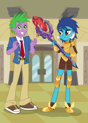 Size: 1444x2012 | Tagged: safe, artist:3d4d, princess ember, spike, human, equestria girls, bloodstone scepter, canterlot high, clothes, emberspike, equestria girls-ified, female, human spike, male, older, older spike, pants, shipping, straight