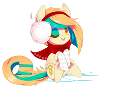 Size: 3760x2745 | Tagged: safe, artist:sorasku, oc, oc only, oc:white dreams, earth pony, pony, clothes, earmuffs, female, high res, mare, one eye closed, scarf, simple background, solo, tongue out, transparent background, wink