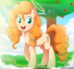 Size: 1871x1742 | Tagged: safe, artist:the-butch-x, pear butter, angel, earth pony, pony, the perfect pear, apple tree, cloud, commission, cute, female, good end, grass, halo, heaven, mare, mother, open mouth, pearabetes, sky, smiling, solo, tree