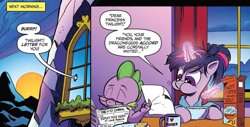 Size: 1015x517 | Tagged: safe, artist:andypriceart, idw, spike, twilight sparkle, twilight sparkle (alicorn), alicorn, dragon, pony, accord (arc), chaos theory (arc), spoiler:comic, spoiler:comic48, aweeg*, book, clothes, messy hair, morning ponies, part the first: from chaos comes order, ponytail, robe, that pony sure does love books