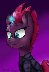 Size: 459x678 | Tagged: safe, artist:gamerzero158, tempest shadow, pony, unicorn, my little pony: the movie, armor, broken horn, bust, gradient background, magic, portrait, purple background, simple background, smiling, solo, sparking horn