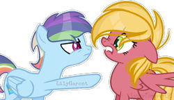 Size: 853x491 | Tagged: safe, artist:lilygarent, oc, oc only, oc:haybale, oc:rainbow blitz, pegasus, pony, base used, female, mare, simple background, transparent background