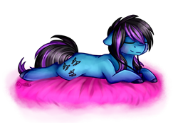 Size: 3400x2360 | Tagged: safe, artist:jazzerix, oc, oc only, oc:despy, earth pony, pony, eyes closed, female, gift art, mare, prone, relaxing, simple background, smiling, transparent background