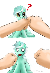 Size: 738x1082 | Tagged: safe, artist:thesouthernnerd, lyra heartstrings, human, pony, unicorn, comic, hand, surprised, trick