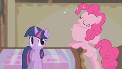 Size: 1280x720 | Tagged: safe, screencap, pinkie pie, twilight sparkle, earth pony, pony, swarm of the century, great moments in animation, swallowing, throat bulge, wat