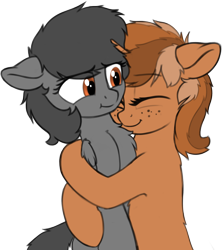Size: 1562x1757 | Tagged: safe, artist:zippysqrl, oc, oc only, oc:charcoal, oc:sign, pegasus, pony, unicorn, :t, chest fluff, cute, duo, eyes closed, female, freckles, hug, mare, simple background, smiling, transparent background