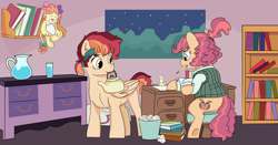 Size: 1600x837 | Tagged: safe, artist:dbkit, oc, oc only, oc:cherry bomber, oc:potato chip, bookshelf, clothes, desk, offspring, parent:donut joe, parent:dumbbell, parent:pinkie pie, parent:rainbow dash, parents:dumbdash, parents:pinkiejoe, sitting, story included, sweater, tea kettle