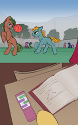 Size: 1610x2594 | Tagged: safe, artist:lunebat, comic:clockwise, ball, classroom, colt, comic, female, furniture, male, mare, phone, running, table, university