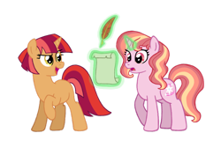 Size: 900x605 | Tagged: safe, artist:doodledaydreamer, oc, oc only, oc:morning aurora, oc:stellar flare, magic, magical lesbian spawn, next generation, offspring, parent:sunset shimmer, parent:twilight sparkle, parents:sunsetsparkle, simple background, telekinesis, transparent background, twins