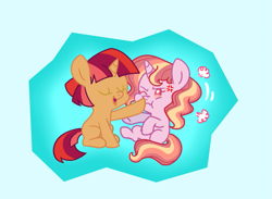 Size: 1013x743 | Tagged: safe, artist:doodledaydreamer, oc, oc only, oc:morning aurora, oc:stellar flare, angry, boop, cute, eyes closed, magical lesbian spawn, offspring, one eye closed, parent:sunset shimmer, parent:twilight sparkle, parents:sunsetsparkle, twins