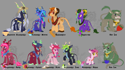 Size: 1600x903 | Tagged: safe, artist:zephyrosphoenix, oc, oc only, oc:blackberry lime, oc:blueberry muffin, oc:cranberry bliss, oc:grapevine, oc:hammerhoof, oc:raspberry crunch, oc:sambucus elderberry, oc:sen lin, oc:shu lin, oc:strawberry swirl, oc:sugarberry shake, kirin, foo dog, wall of purple