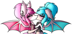 Size: 3066x1470 | Tagged: safe, artist:nekro-led, oc, oc only, oc:cake pop, oc:soda pop, bat pony, pony, blushing, clothes, collar, ear piercing, earring, female, jewelry, kissing, lesbian, piercing, shipping, spread wings, wings