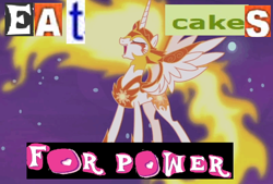 Size: 716x483 | Tagged: safe, edit, edited screencap, editor:watermelon changeling, screencap, daybreaker, alicorn, pony, a royal problem, caption, daycaker, expand dong, exploitable meme, food, image macro, laughing, meme, solo, spread wings, wings