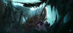 Size: 1820x840 | Tagged: safe, artist:noctilucent-arts, twilight sparkle, twilight sparkle (alicorn), alicorn, fish, pony, female, mare, scenery, shipwreck, smiling, solo, swimming, underwater, water